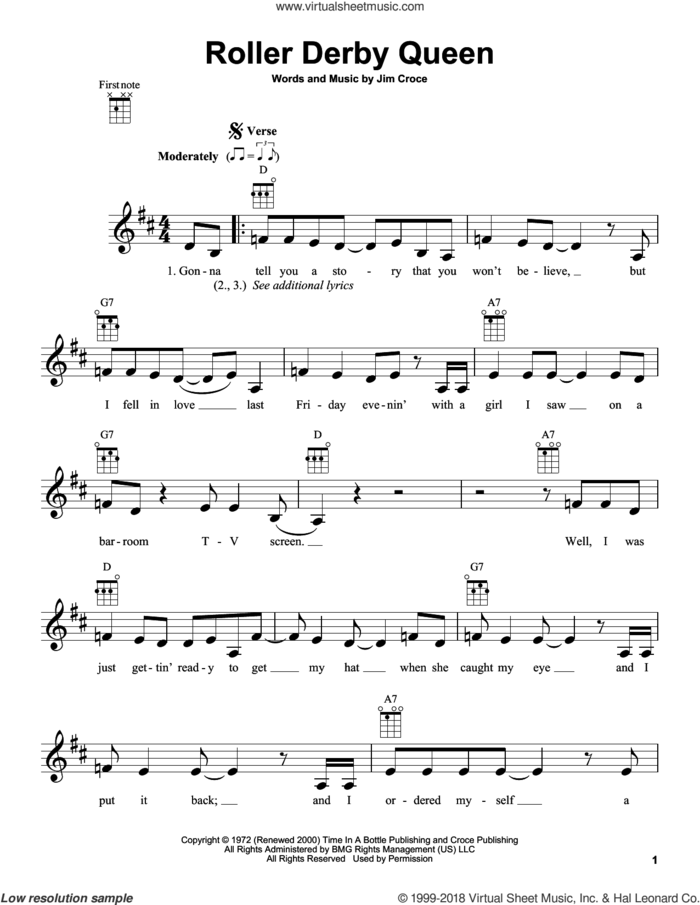 Roller Derby Queen sheet music for ukulele by Jim Croce, intermediate skill level