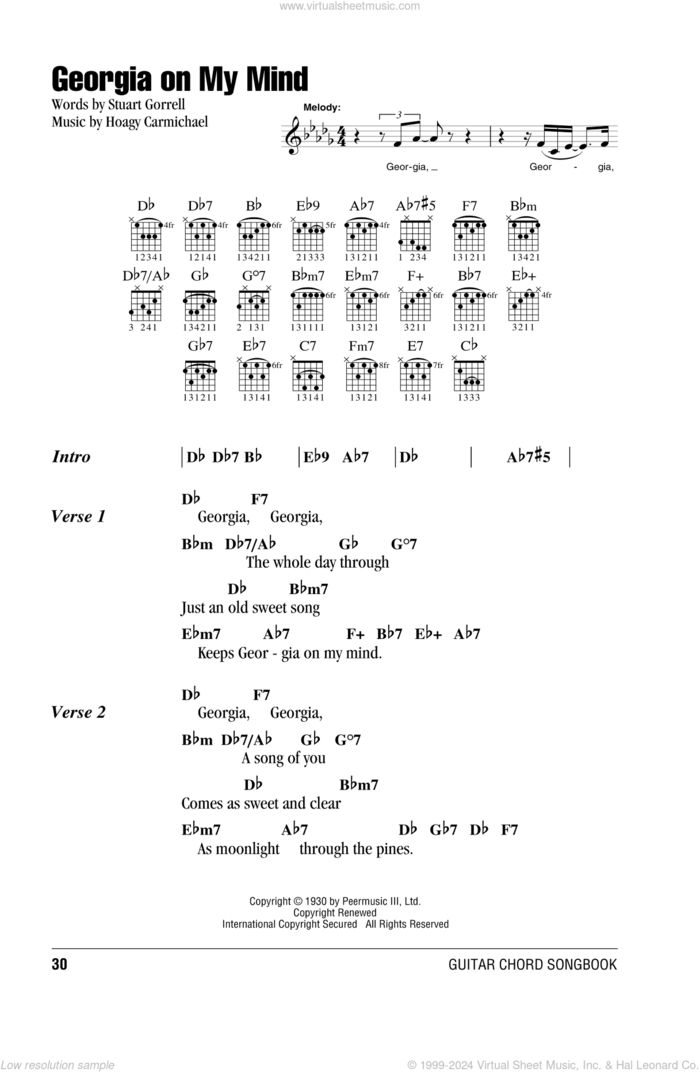 Georgia On My Mind sheet music for guitar (chords) by Willie Nelson, Ray Charles, Hoagy Carmichael and Stuart Gorrell, intermediate skill level