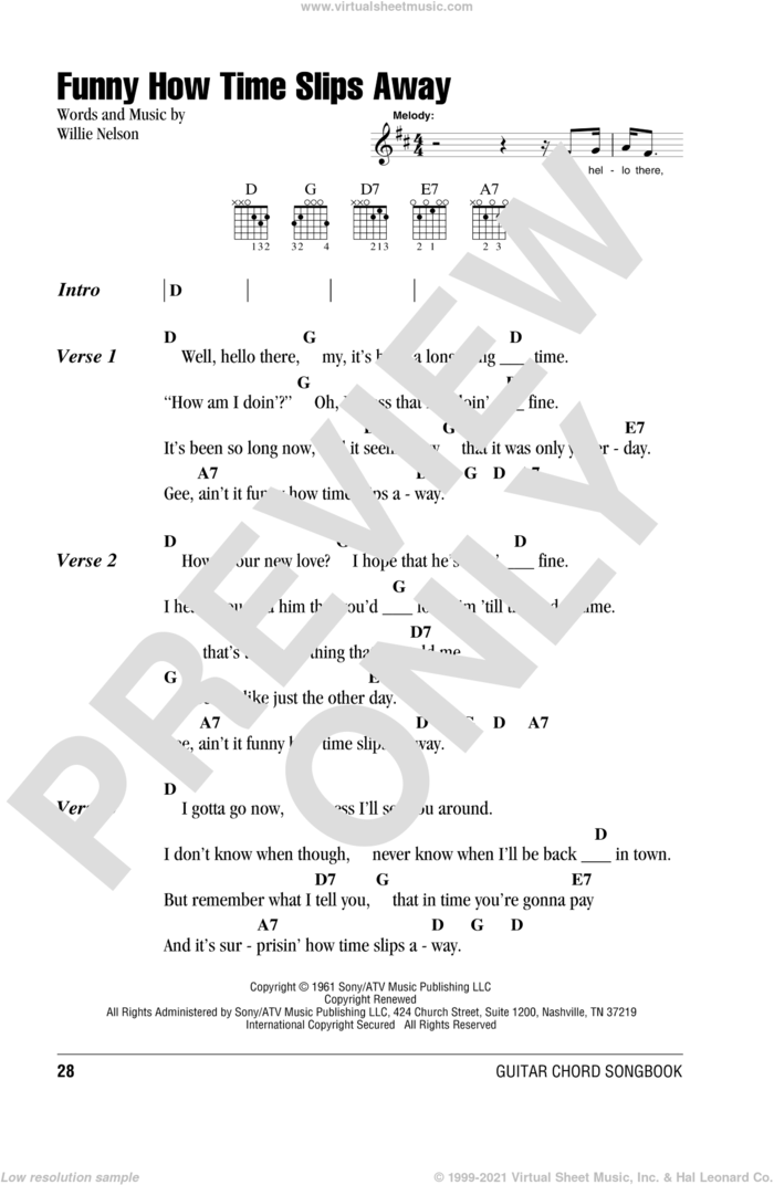 Funny How Time Slips Away sheet music for guitar (chords) by Willie Nelson, Billy Walker, Elvis Presley, Lyle Lovett and Al Green and Narvel Felts, intermediate skill level