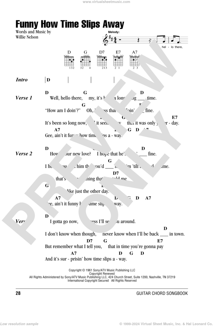 Funny How Time Slips Away sheet music for guitar (chords) by Willie Nelson, Billy Walker, Elvis Presley, Lyle Lovett and Al Green and Narvel Felts, intermediate skill level