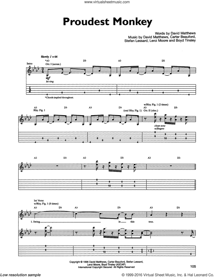 Proudest Monkey sheet music for guitar (tablature) by Dave Matthews Band, Boyd Tinsley, Carter Beauford, Leroi Moore and Stefan Lessard, intermediate skill level