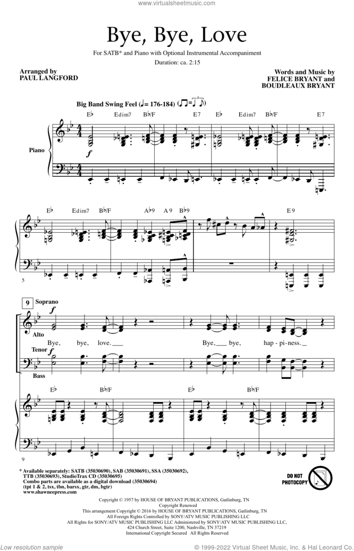 Bye Bye Love sheet music for choir (SATB: soprano, alto, tenor, bass) by Boudleaux Bryant, Paul Langford, The Everly Brothers, Webb Pierce and Felice Bryant, intermediate skill level
