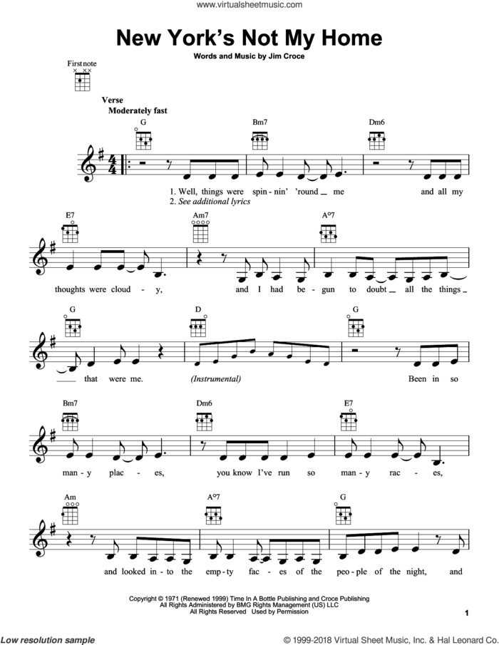New York's Not My Home sheet music for ukulele by Jim Croce, intermediate skill level
