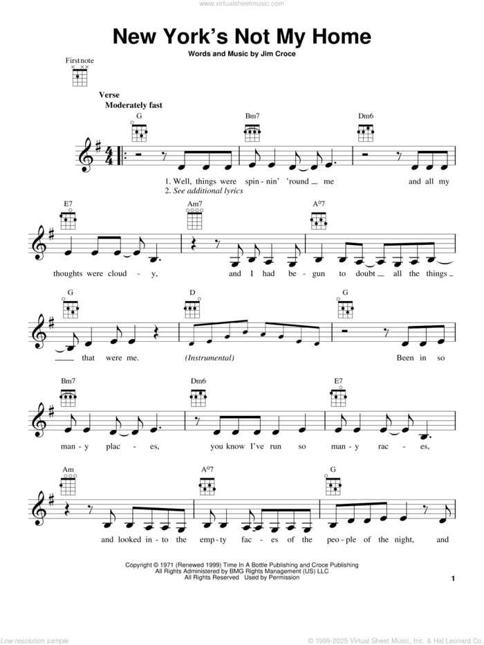 New York's Not My Home sheet music for ukulele by Jim Croce, intermediate skill level