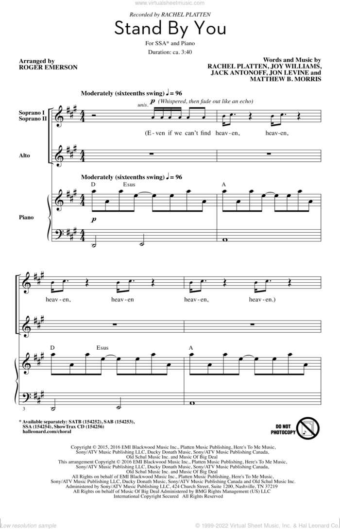 Stand By You sheet music for choir (SSA: soprano, alto) by Joy Williams, Roger Emerson, Jack Antonoff, Jon Levine, Matthew Morris and Rachel Platten, intermediate skill level