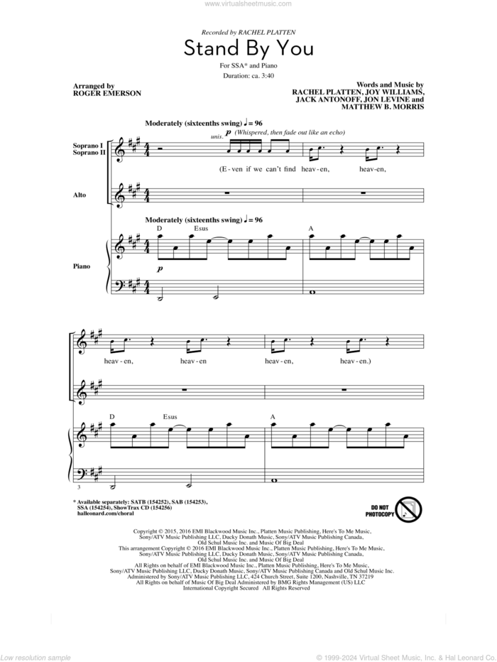 Stand By You sheet music for choir (SSA: soprano, alto) by Joy Williams, Roger Emerson, Jack Antonoff, Jon Levine, Matthew Morris and Rachel Platten, intermediate skill level