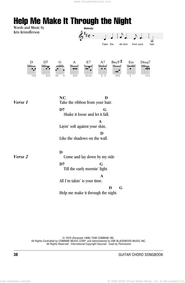 Help Me Make It Through The Night sheet music for guitar (chords) by Willie Nelson, Elvis Presley, Sammi Smith and Kris Kristofferson, intermediate skill level