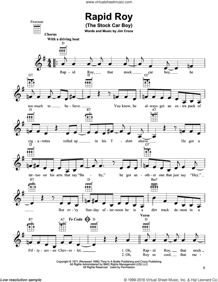 Rapid Roy (The Stock Car Boy) sheet music for ukulele by Jim Croce, intermediate skill level
