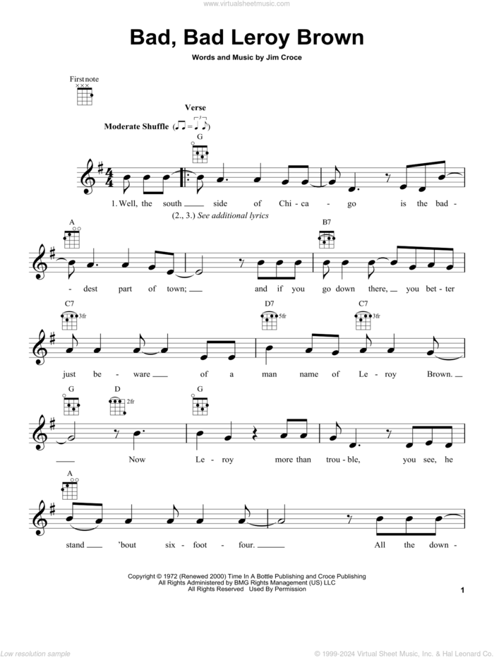 Bad, Bad Leroy Brown sheet music for ukulele by Jim Croce, intermediate skill level