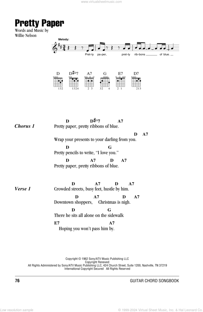 Pretty Paper sheet music for guitar (chords) by Willie Nelson, Kenny Chesney featuring Willie Nelson and Roy Orbison, intermediate skill level