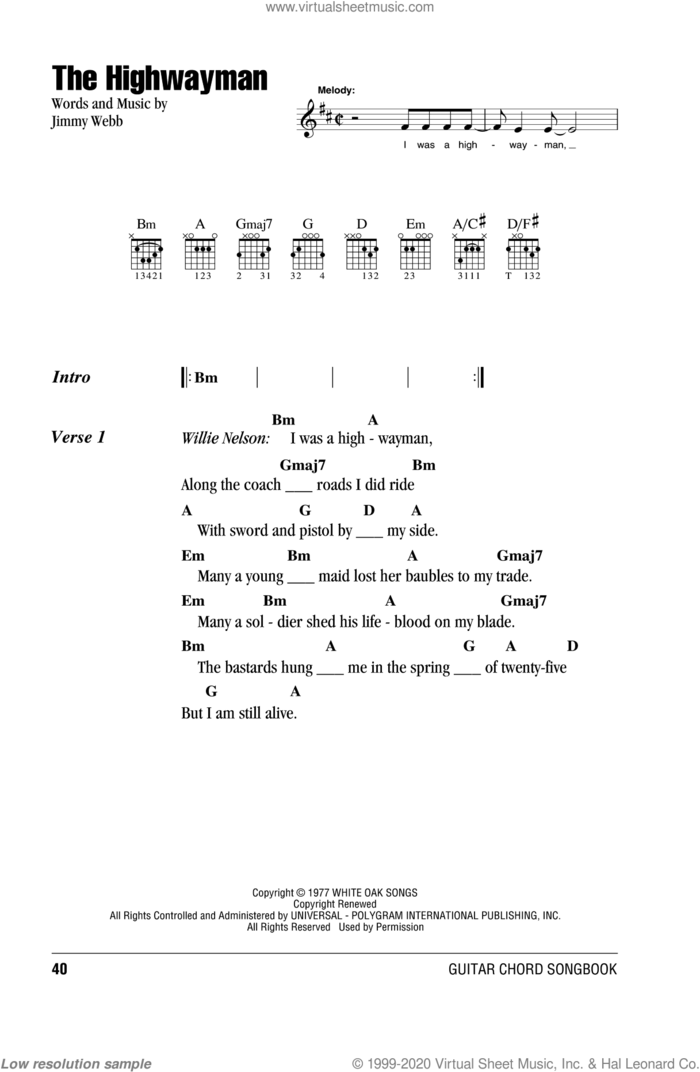The Highwayman sheet music for guitar (chords) by Jimmy Webb, The Highwaymen, Waylon Jennings/Willie Nelson/Johnny Cash/Kris Kristofferson and Willie Nelson, intermediate skill level