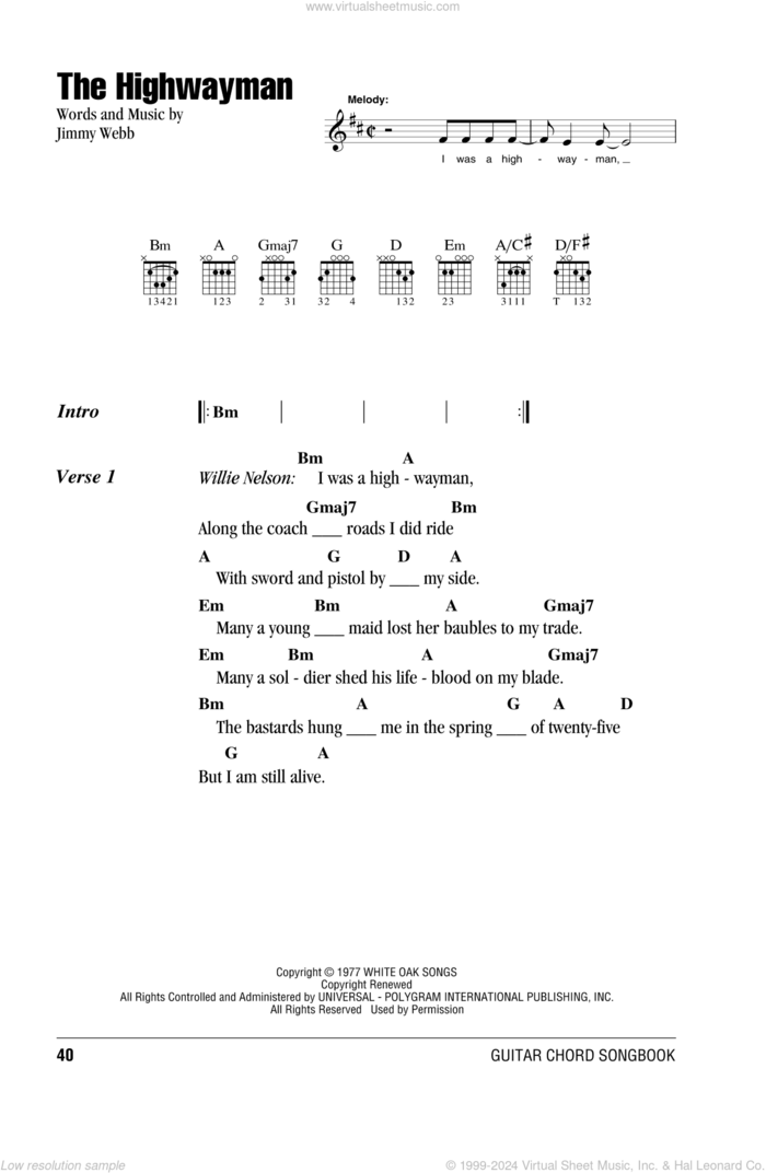 The Highwayman sheet music for guitar (chords) by Jimmy Webb, The Highwaymen, Waylon Jennings/Willie Nelson/Johnny Cash/Kris Kristofferson and Willie Nelson, intermediate skill level