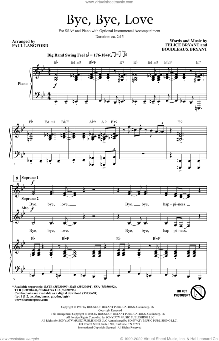 Bye Bye Love sheet music for choir (SSA: soprano, alto) by Boudleaux Bryant, Paul Langford, The Everly Brothers, Webb Pierce and Felice Bryant, intermediate skill level