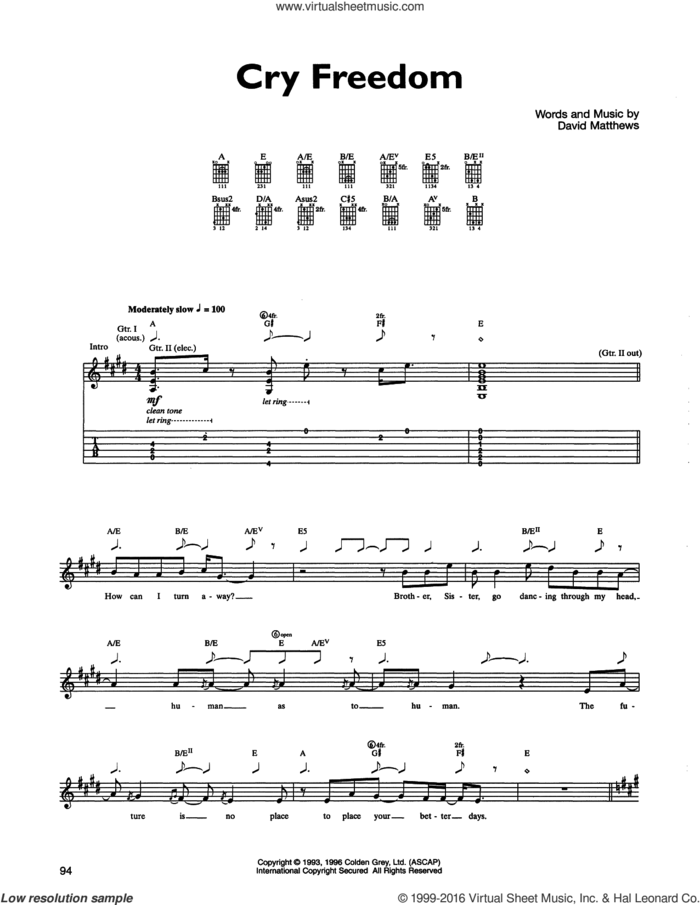 Cry Freedom sheet music for guitar (tablature) by Dave Matthews Band, intermediate skill level