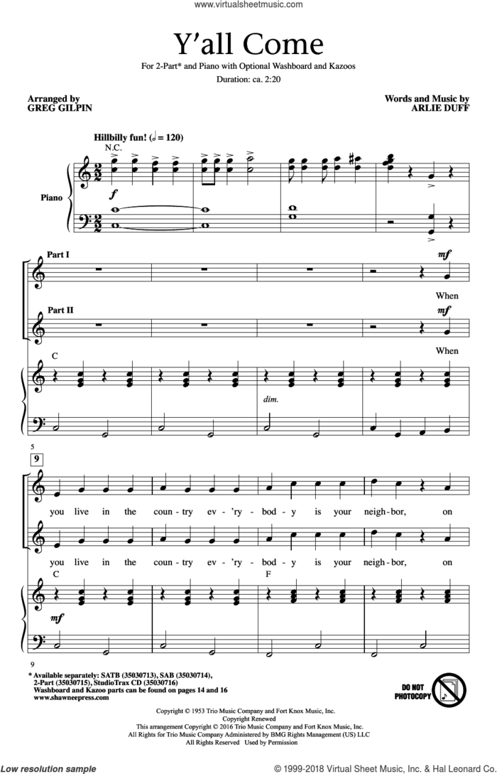 Y'All Come sheet music for choir (2-Part) by Arlie Duff and Greg Gilpin, intermediate duet