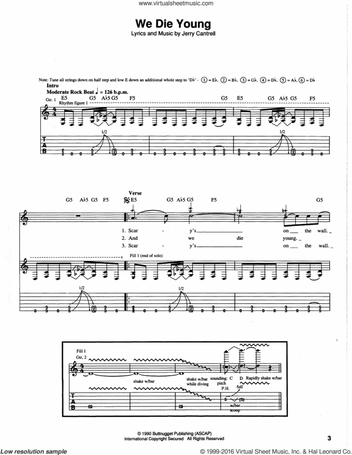 We Die Young sheet music for guitar (tablature) by Alice In Chains and Jerry Cantrell, intermediate skill level