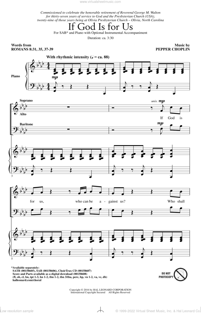 If God Is For Us sheet music for choir (SAB: soprano, alto, bass) by Pepper Choplin, Romans 8 and Romans 8:31, 35, 37-39, intermediate skill level