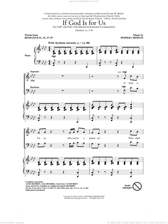 If God Is For Us sheet music for choir (SAB: soprano, alto, bass) by Pepper Choplin, Romans 8 and Romans 8:31, 35, 37-39, intermediate skill level