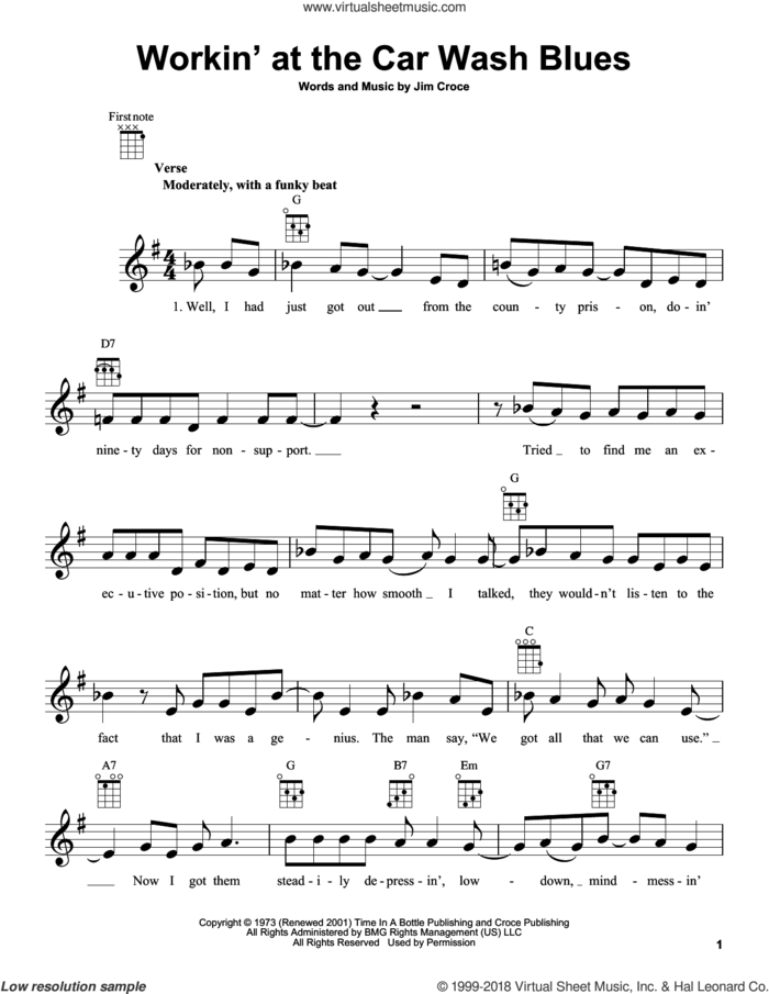 Workin' At The Car Wash Blues sheet music for ukulele by Jim Croce, intermediate skill level