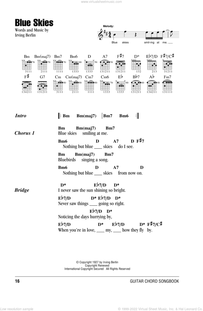 Blue Skies sheet music for guitar (chords) by Willie Nelson and Irving Berlin, intermediate skill level