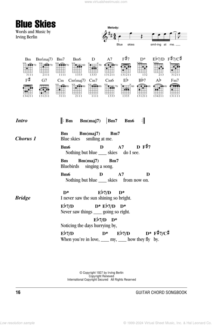 Blue Skies sheet music for guitar (chords) by Willie Nelson and Irving Berlin, intermediate skill level