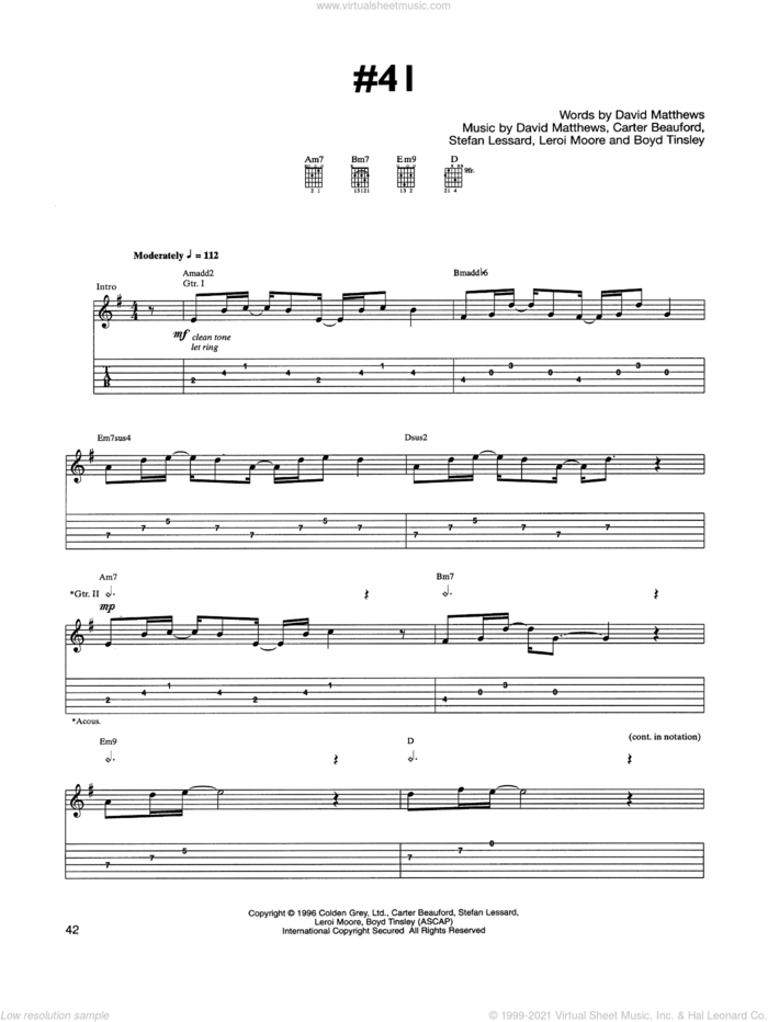 #41 sheet music for guitar (tablature) by Dave Matthews Band, Boyd Tinsley, Carter Beauford, Leroi Moore and Stefan Lessard, intermediate skill level