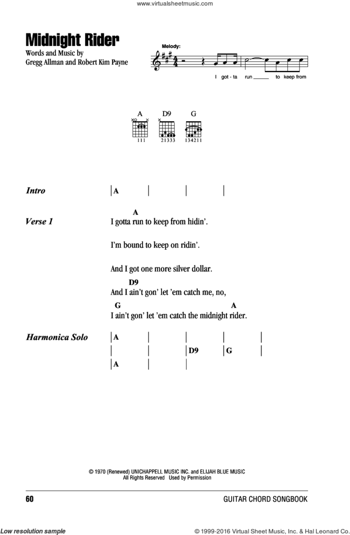 Midnight Rider sheet music for guitar (chords) by Willie Nelson, The Allman Brothers Band, Gregg Allman and Robert Kim Payne, intermediate skill level