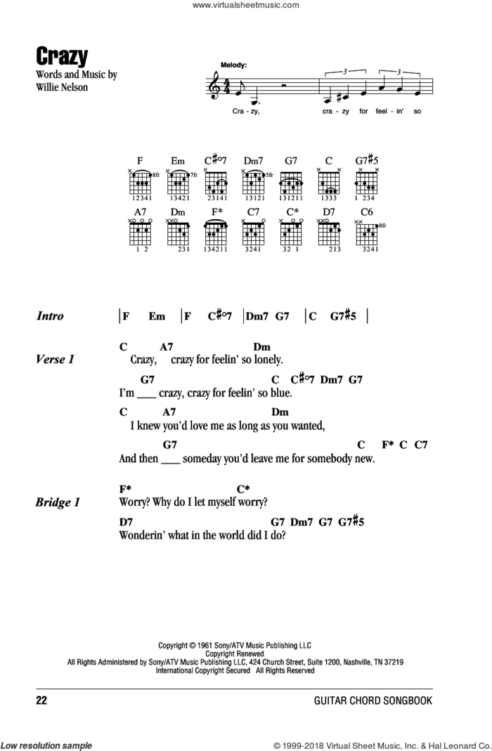 Crazy sheet music for guitar (chords) by Willie Nelson and Patsy Cline, intermediate skill level