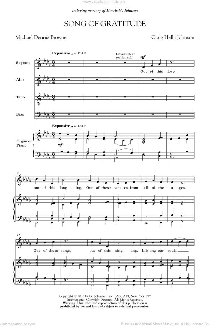 Song Of Gratitude sheet music for choir (SATB: soprano, alto, tenor, bass) by Craig Hella Johnson and Michael Dennis Browne, intermediate skill level
