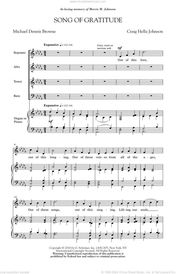 Song Of Gratitude sheet music for choir (SATB: soprano, alto, tenor, bass) by Craig Hella Johnson and Michael Dennis Browne, intermediate skill level