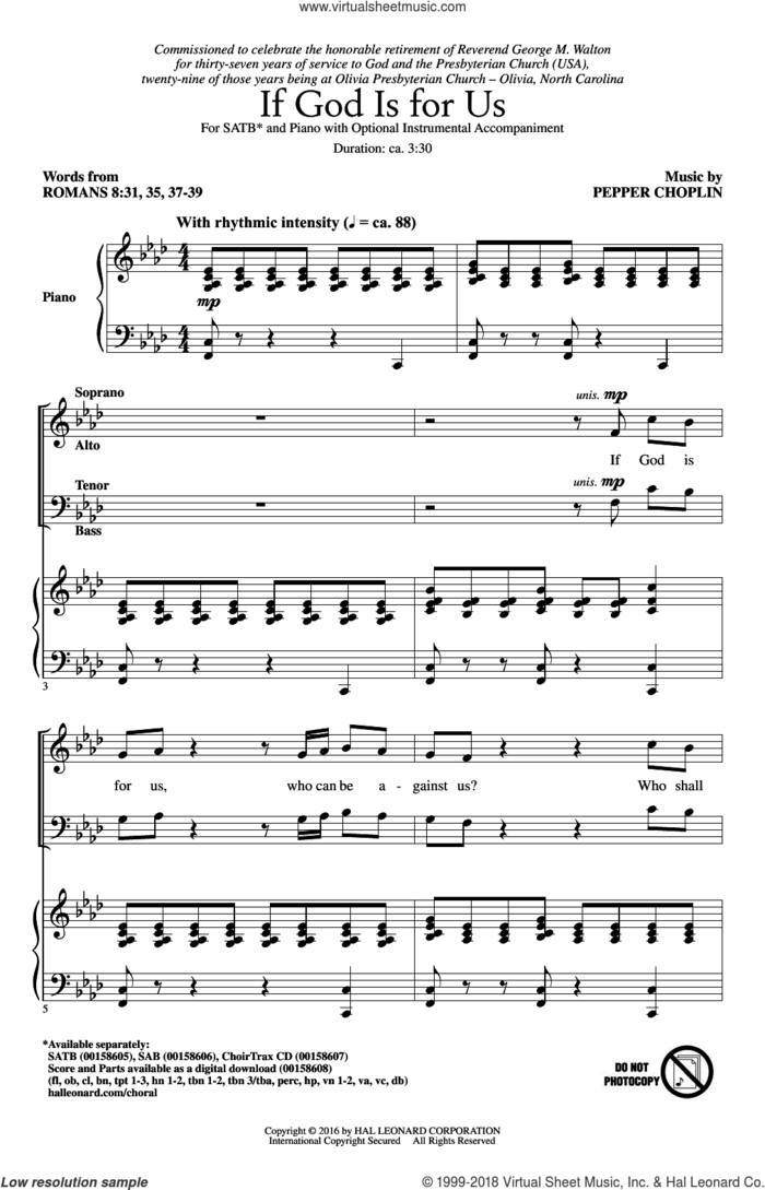 If God Is For Us sheet music for choir (SATB: soprano, alto, tenor, bass) by Pepper Choplin, Romans 8 and Romans 8:31, 35, 37-39, intermediate skill level