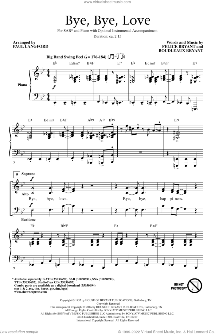 Bye Bye Love sheet music for choir (SAB: soprano, alto, bass) by Boudleaux Bryant, Paul Langford, The Everly Brothers, Webb Pierce and Felice Bryant, intermediate skill level
