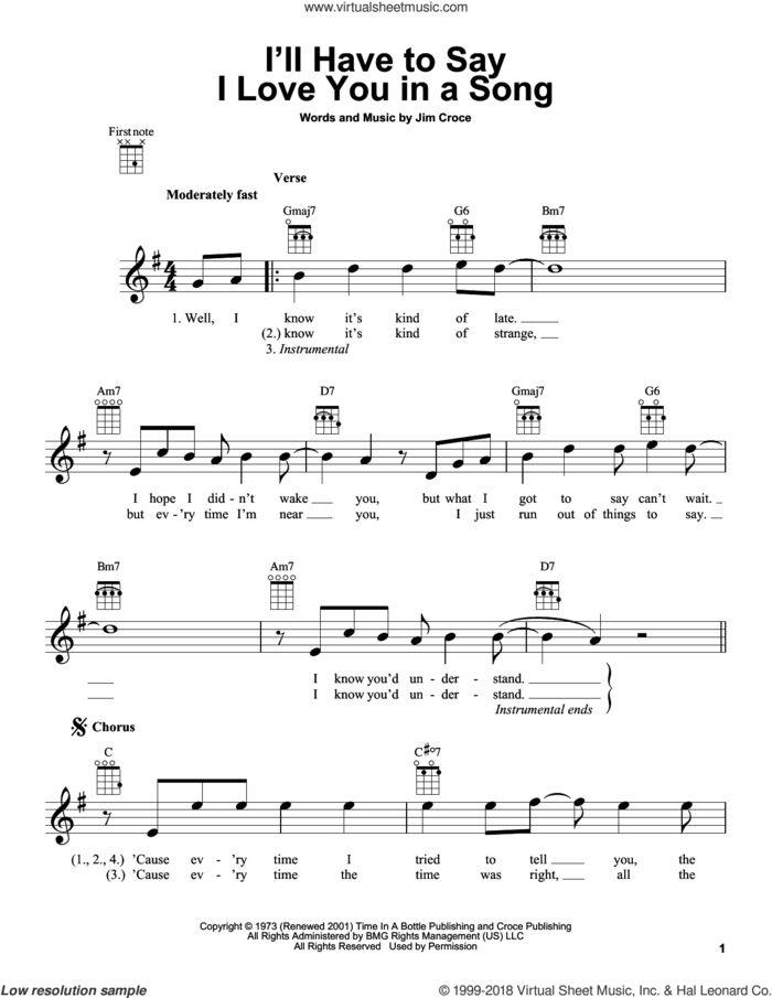 I'll Have To Say I Love You In A Song sheet music for ukulele by Jim Croce, intermediate skill level