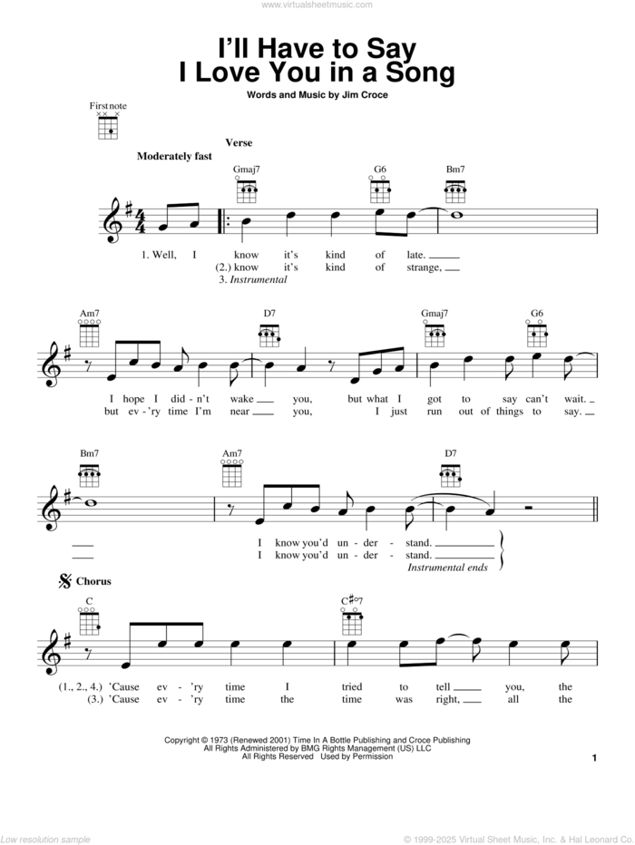 I'll Have To Say I Love You In A Song (from The Daily Ukulele) sheet music for ukulele by Jim Croce, intermediate skill level