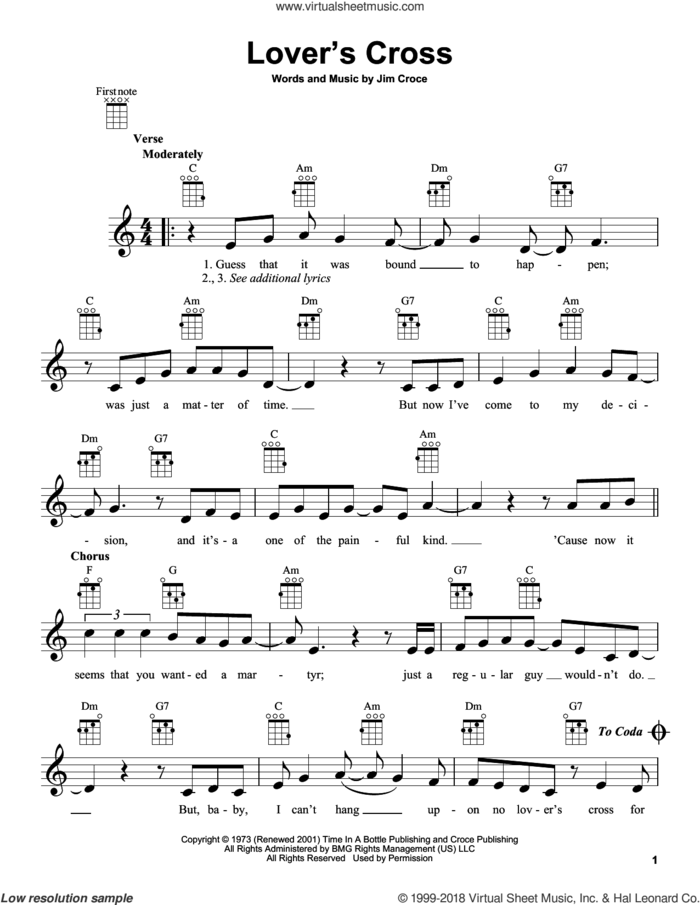 Lover's Cross sheet music for ukulele by Jim Croce, intermediate skill level