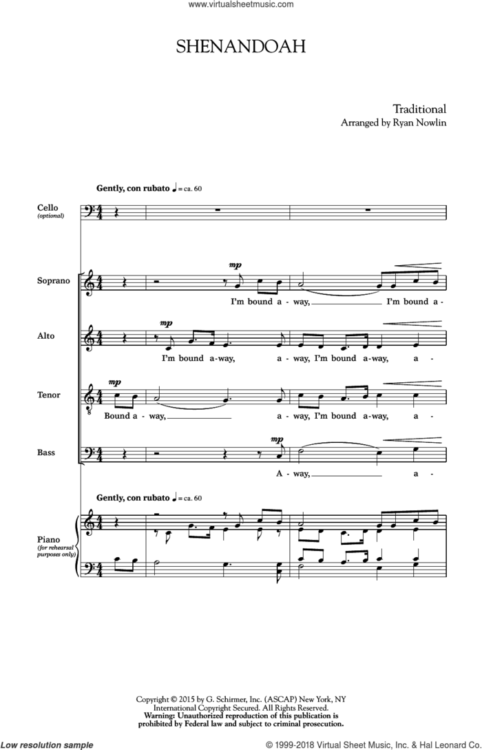 Shenandoah sheet music for choir (SATB: soprano, alto, tenor, bass) by Ryan Nowlin, intermediate skill level