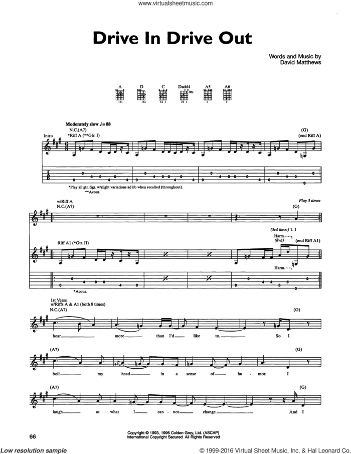 Drive In Drive Out sheet music for guitar (tablature) by Dave Matthews Band, intermediate skill level