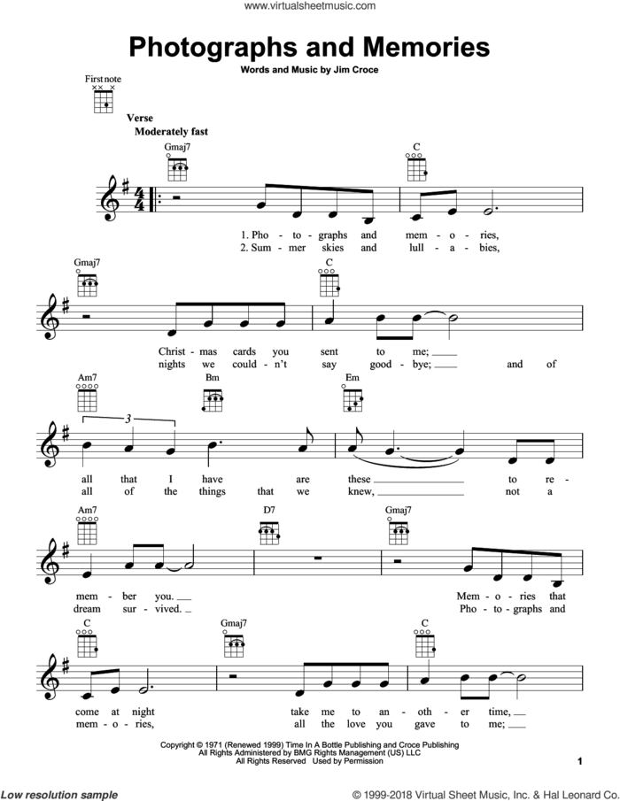 Photographs And Memories sheet music for ukulele by Jim Croce, intermediate skill level