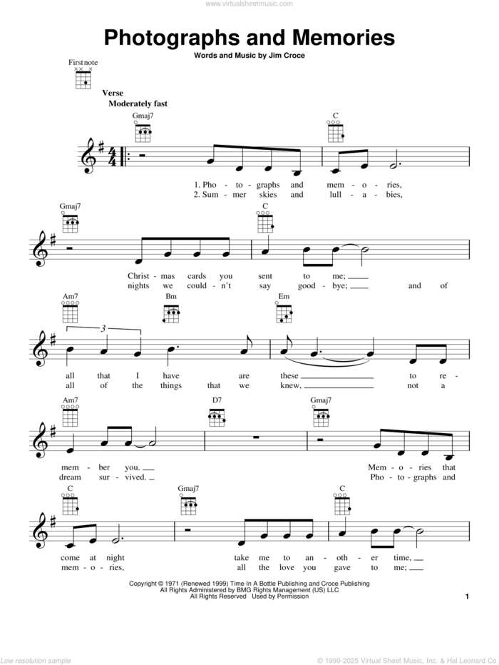 Photographs And Memories sheet music for ukulele by Jim Croce, intermediate skill level