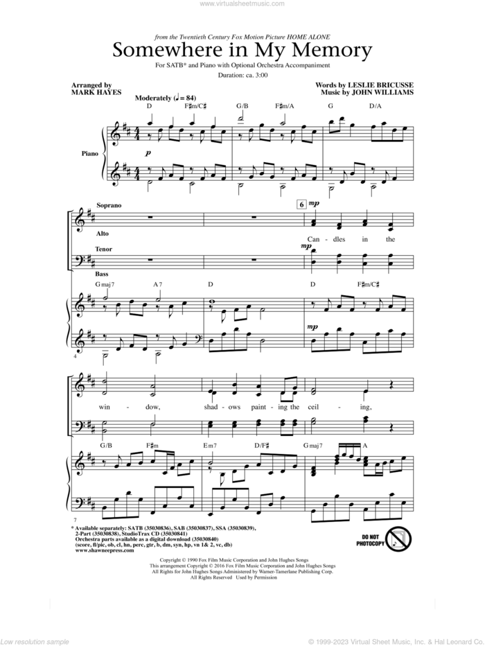 Somewhere In My Memory (arr. Mark Hayes) sheet music for choir (SATB: soprano, alto, tenor, bass) by John Williams, Mark Hayes and Leslie Bricusse, classical score, intermediate skill level