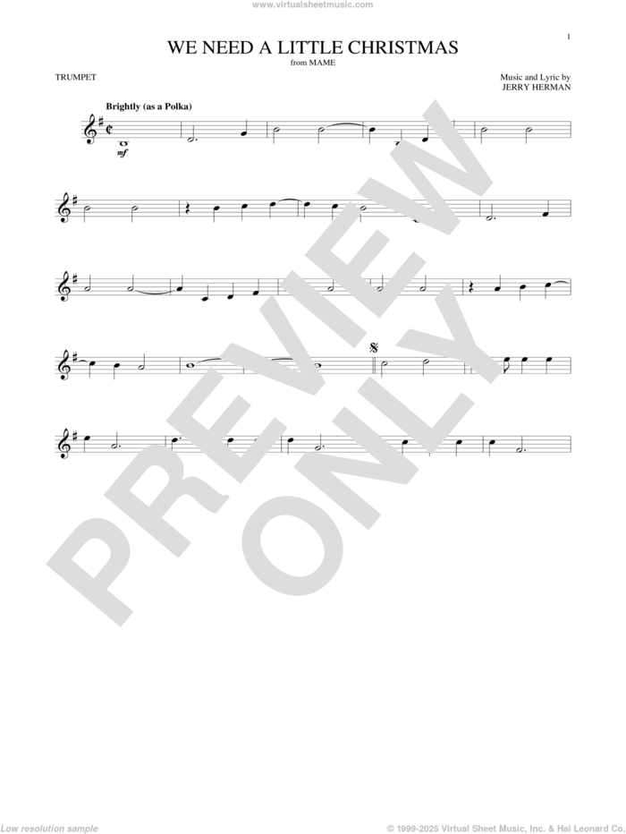 We Need A Little Christmas sheet music for trumpet solo by Jerry Herman and Kimberley Locke, intermediate skill level