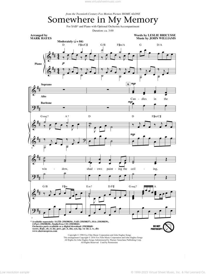 Somewhere In My Memory (arr. Mark Hayes) sheet music for choir (SAB: soprano, alto, bass) by John Williams, Mark Hayes and Leslie Bricusse, intermediate skill level