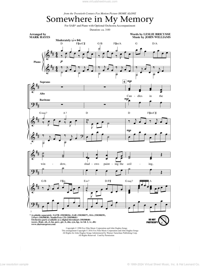 Somewhere In My Memory (arr. Mark Hayes) sheet music for choir (SAB: soprano, alto, bass) by John Williams, Mark Hayes and Leslie Bricusse, intermediate skill level