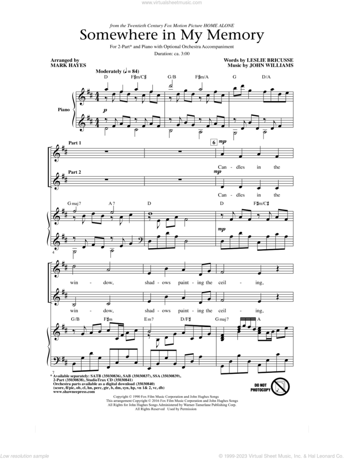 Somewhere In My Memory (arr. Mark Hayes) sheet music for choir (2-Part) by John Williams, Mark Hayes and Leslie Bricusse, intermediate duet