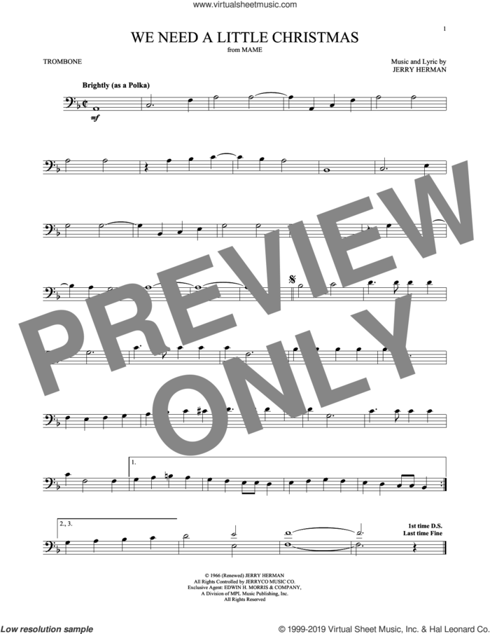 We Need A Little Christmas sheet music for trombone solo by Jerry Herman and Kimberley Locke, intermediate skill level