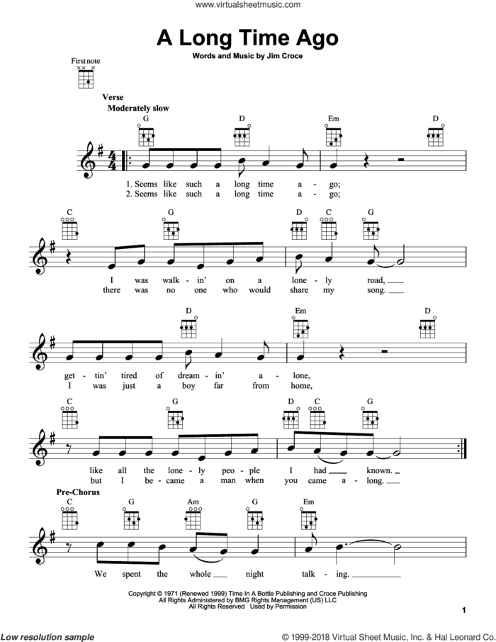 A Long Time Ago sheet music for ukulele by Jim Croce, intermediate skill level