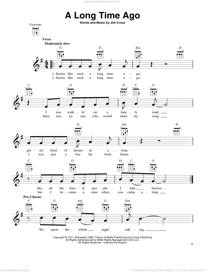 A Long Time Ago sheet music for ukulele by Jim Croce, intermediate skill level