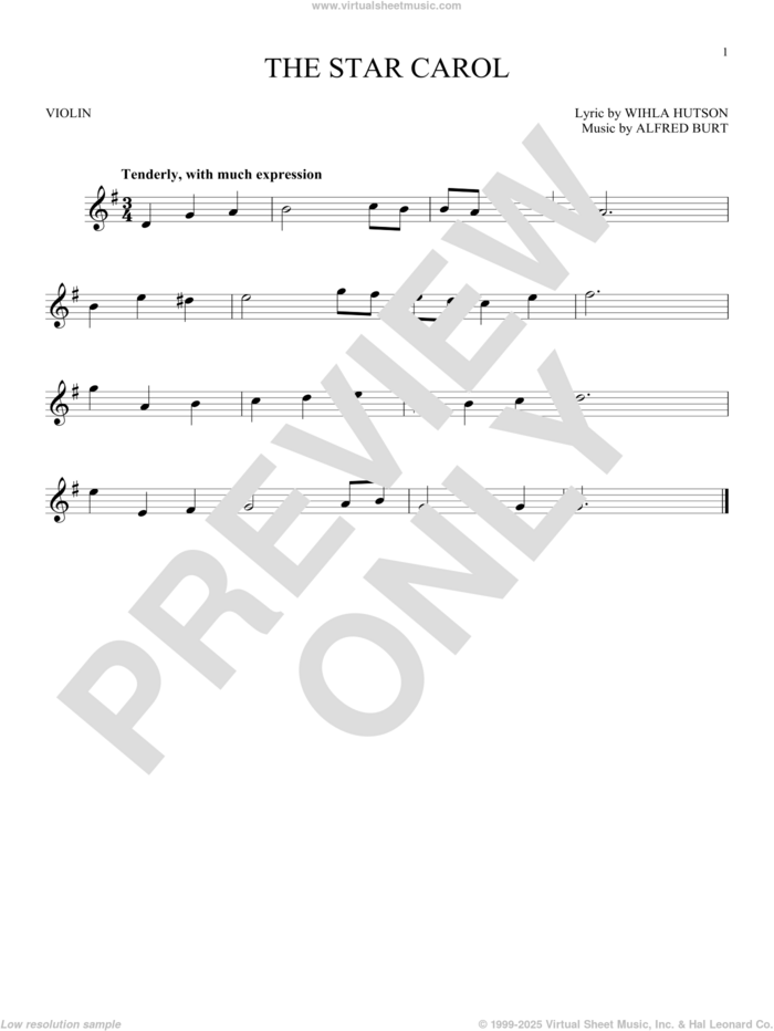 The Star Carol sheet music for violin solo by Alfred Burt and Wihla Hutson, intermediate skill level