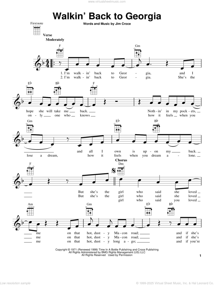 Walkin' Back To Georgia sheet music for ukulele by Jim Croce, intermediate skill level