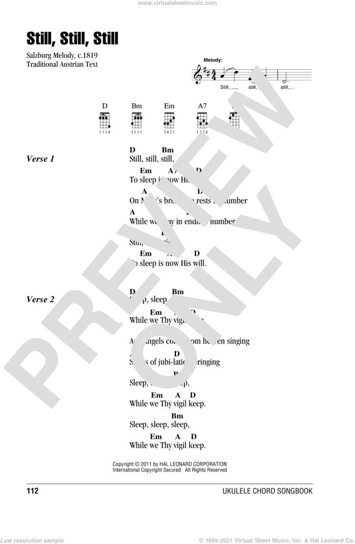 Still, Still, Still sheet music for ukulele (chords) by Salzburg Melody c.1819 and Miscellaneous, intermediate skill level